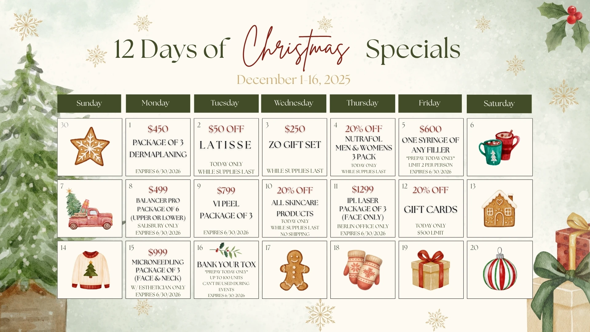 December 2025 calendar showing "12 Days of Christmas Specials" with daily deals on cosmetic procedures and products.